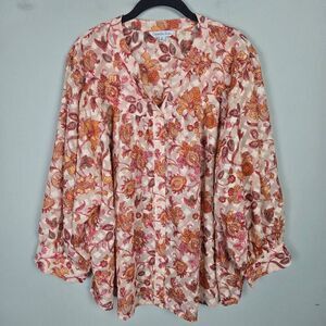 Ophelia Roe Womens Floral Sheer Button Up Top Sz 3X Pink Long Sleeve Artsy Boho